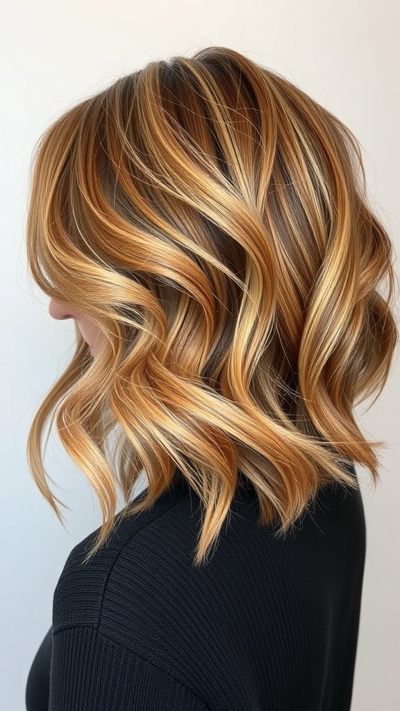 Wavy bob hairstyle with tawny highlights on light brown hair