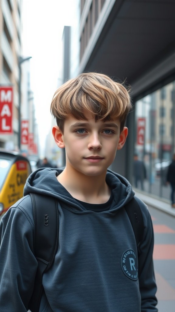 A teenage boy with a textured fringe haircut and short sides, wearing a hoodie and standing on a city street.