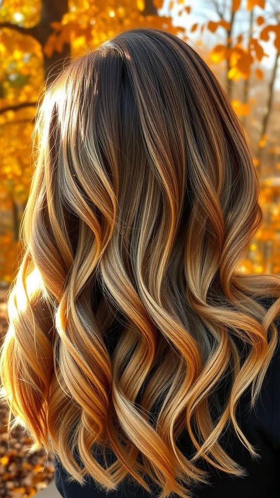 A woman with balayage hair in warm brown and caramel tones, styled in soft waves, set against a backdrop of autumn leaves.