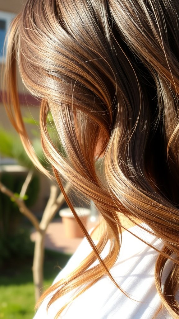 Toffee caramel highlights on mocha brown hair styled in soft waves