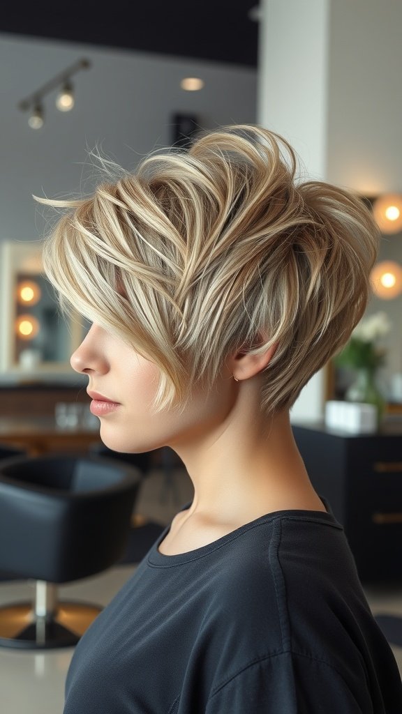 A woman with a tousled pixie hairstyle featuring chunky highlights, showcasing a stylish and playful look.