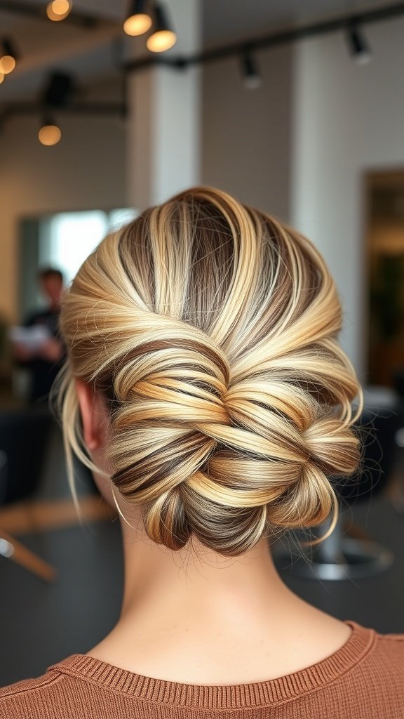 A twisted half-updo hairstyle showcasing blonde hair with dark roots.