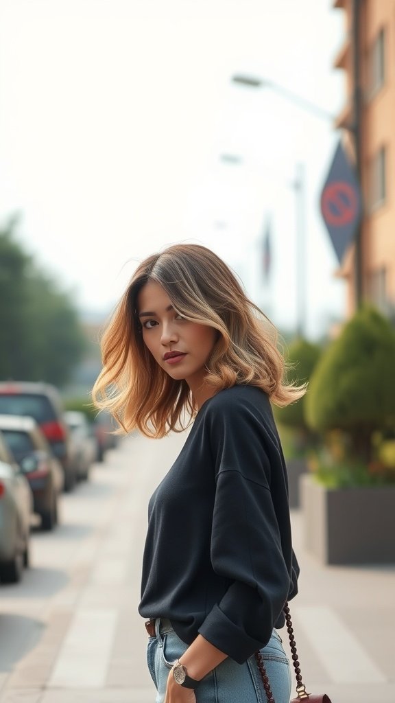 A woman with two-toned mid-length waves, wearing a casual outfit, standing on a city street.