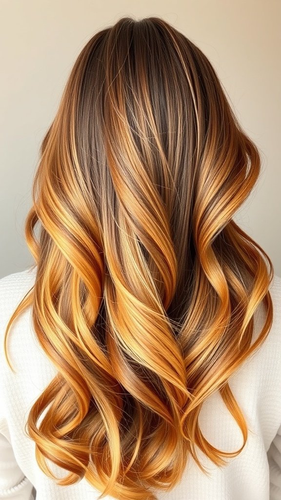 A beautiful warm chestnut to amber ombre hairstyle with soft waves.