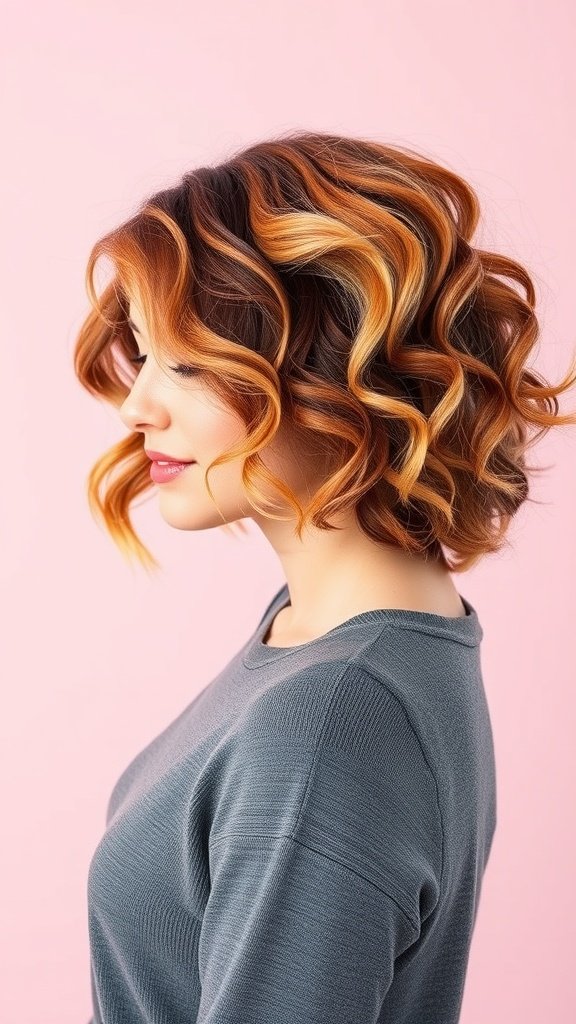 A woman with a wavy curly bob hairstyle featuring blonde tips, set against a pink background.