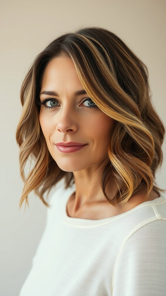 A woman with a wavy long bob hairstyle featuring balayage highlights, smiling softly.