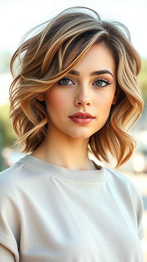 A woman with a wavy pixie hairstyle and long bangs, showcasing a fresh and stylish look.