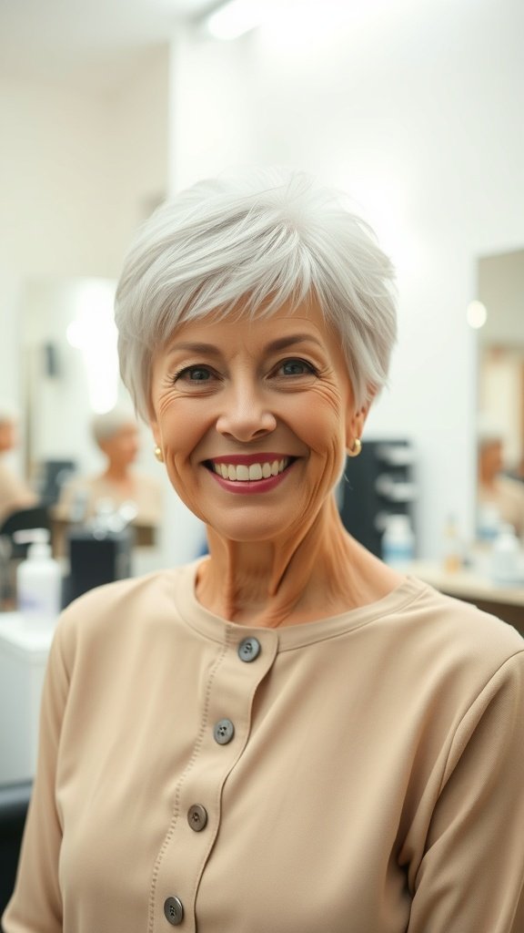 A woman over 70 with a stylish wispy pixie haircut and long bangs, smiling in a salon.