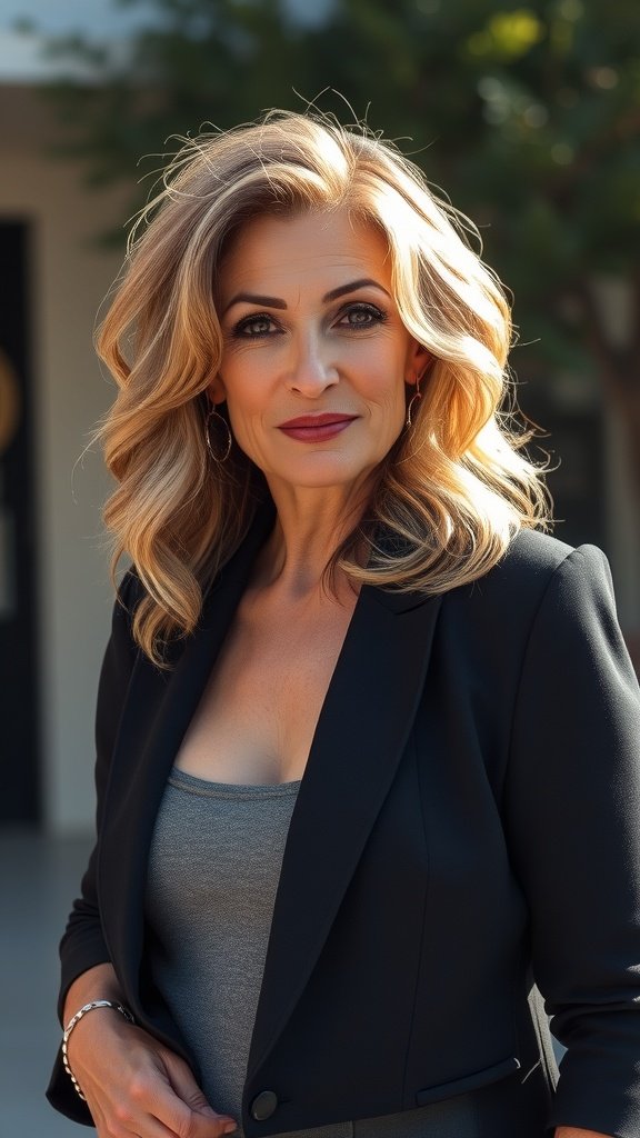 A woman with balayage waves and a confident smile, showcasing a stylish look for women over 60.