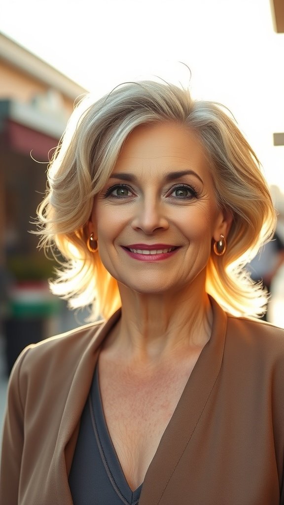 A woman over 60 with balayage waves, showcasing a stylish and voluminous hairstyle.