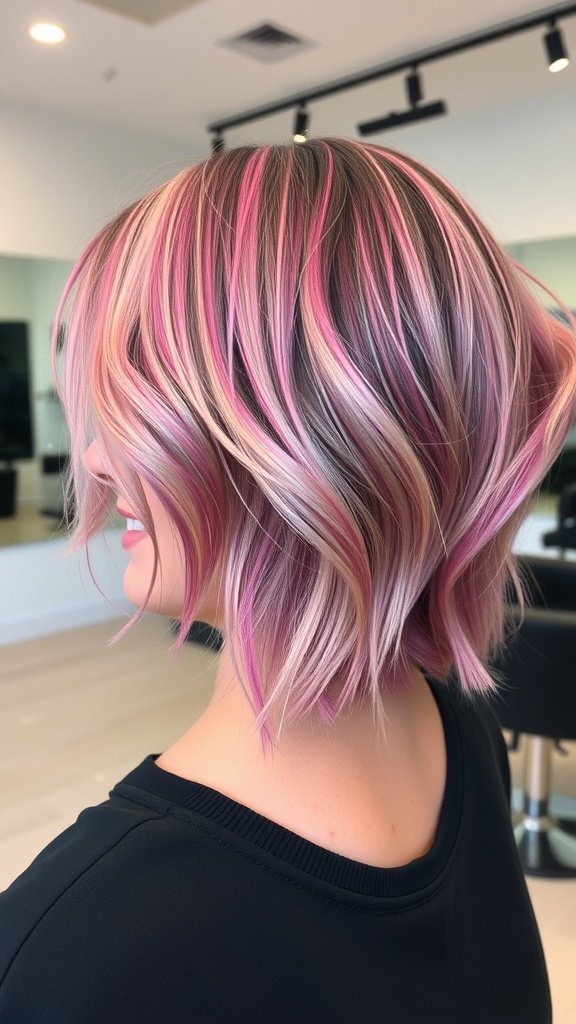 A-line bob hairstyle with choppy asymmetrical layers in pink and blonde hues.