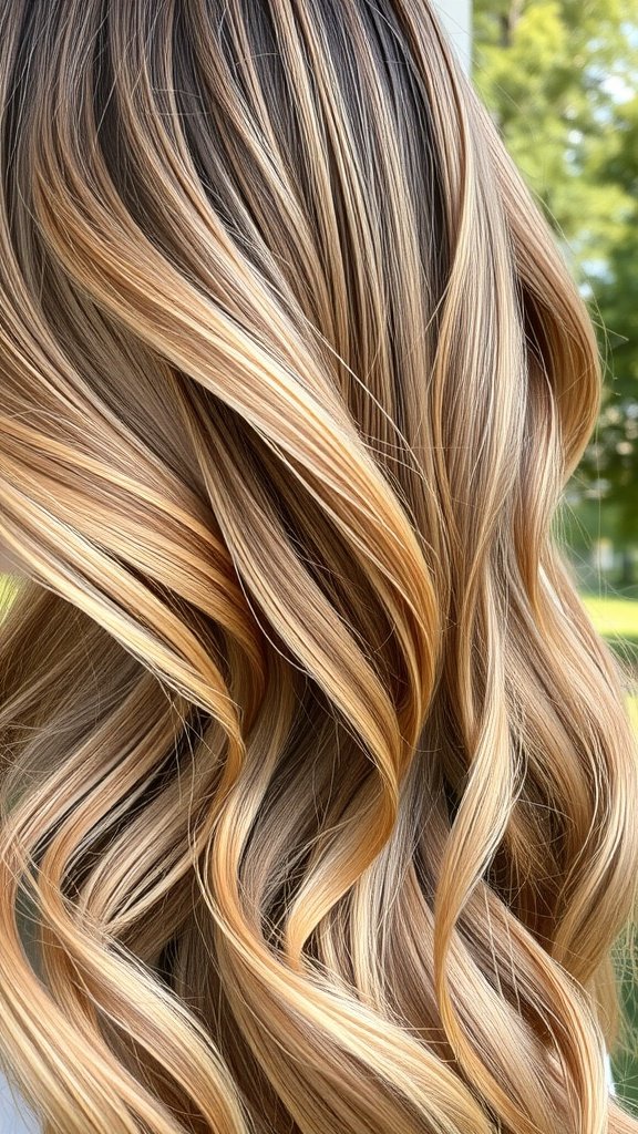 A close-up view of light brown hair with almond toffee highlights, showcasing soft waves and a warm color blend.