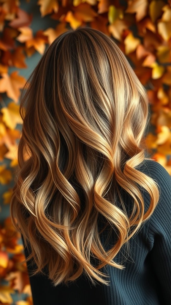A woman with beautiful balayage hair in warm amber tones, styled in soft waves, against a backdrop of autumn leaves.