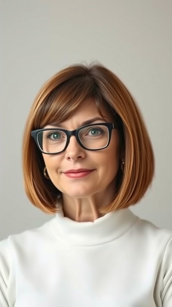 A woman over 50 with an angled bob hairstyle featuring copper highlights, wearing glasses and a white top.