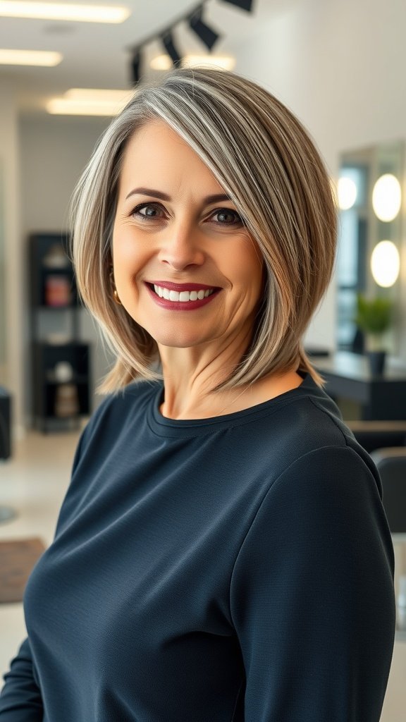 A woman with an angled lob hairstyle and long side bangs, smiling in a salon.