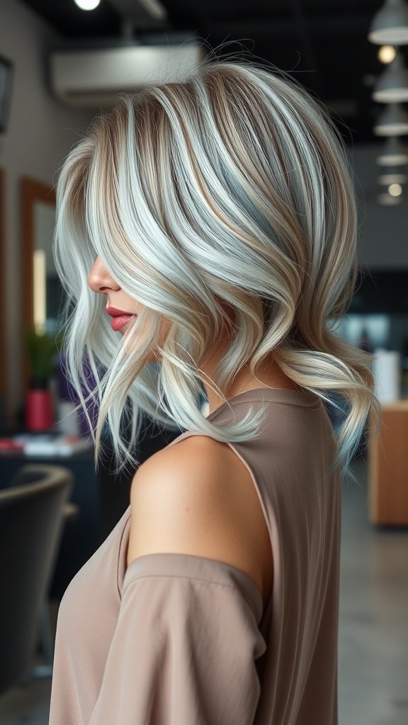 A woman with ash blonde hair styled in soft waves, featuring icy blue tips.