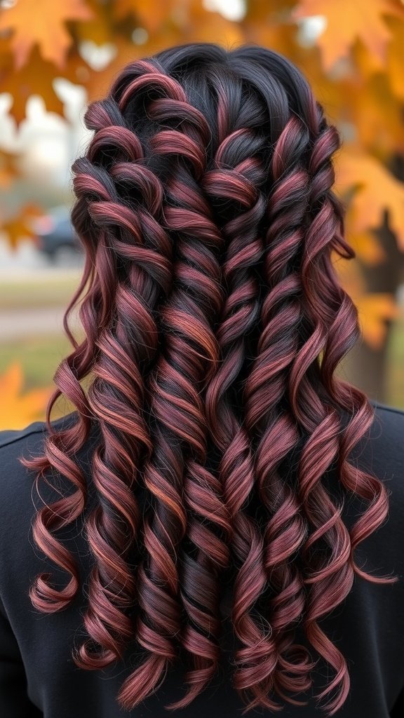 A back view of hair styled in ashy burgundy coils, showcasing vibrant curls against a backdrop of autumn leaves.
