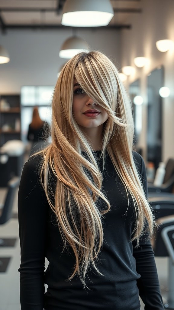 A woman with long, asymmetric layered hair styled elegantly in a salon.