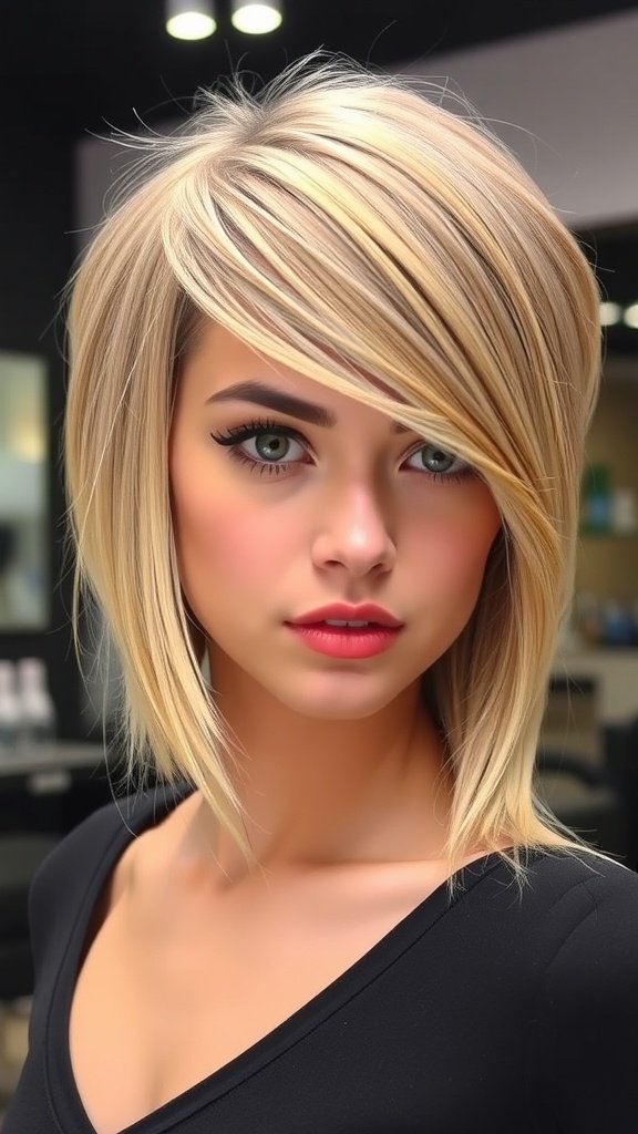 A woman with an asymmetrical haircut featuring sideburns, showcasing a modern and stylish look.