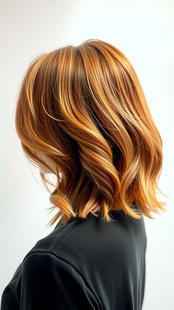 A shoulder-length hairstyle featuring soft layers in a warm auburn color.