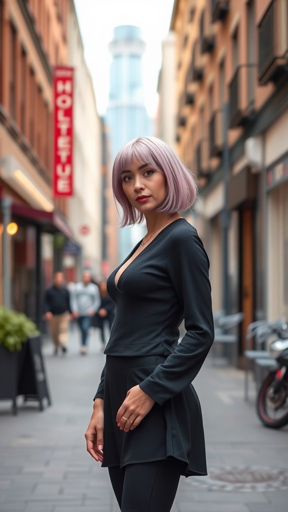 A woman with a ballet slipper pink lob hairstyle, wearing a black outfit, standing in a city street.