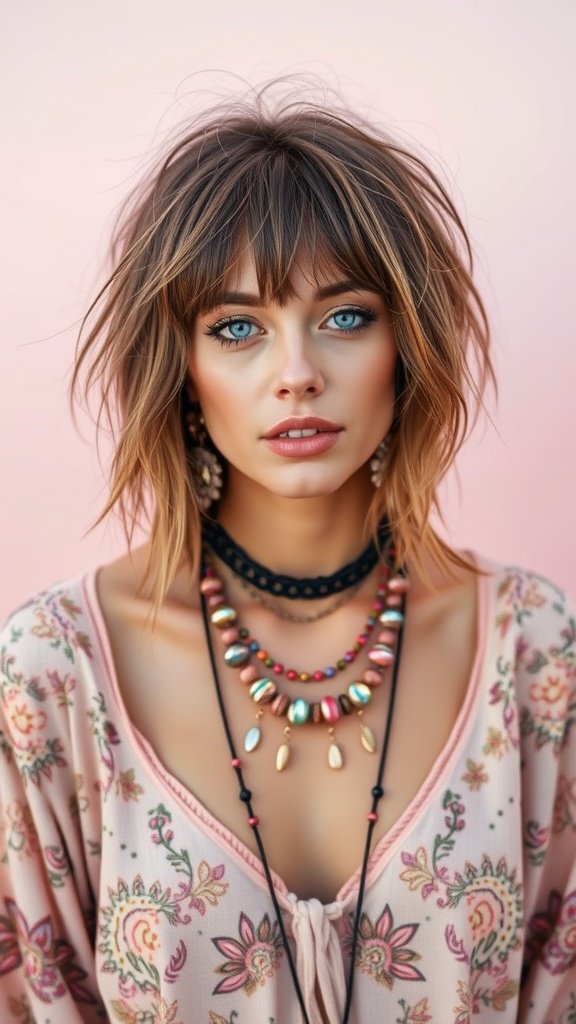 A woman with a tousled bob hairstyle, wearing bohemian accessories and a floral top, against a pink background.