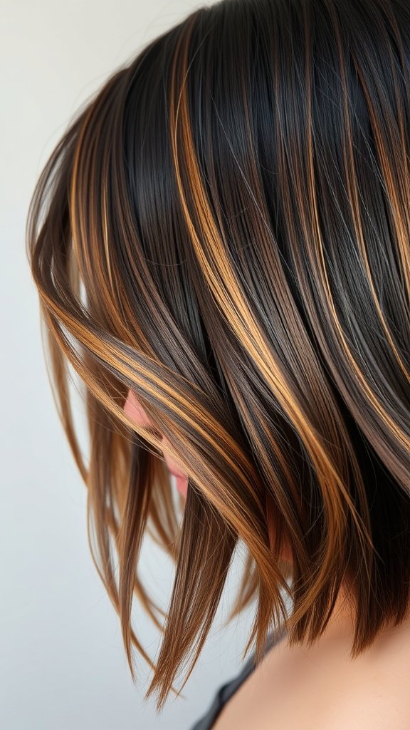 Dark brown shag haircut with burnt caramel highlights