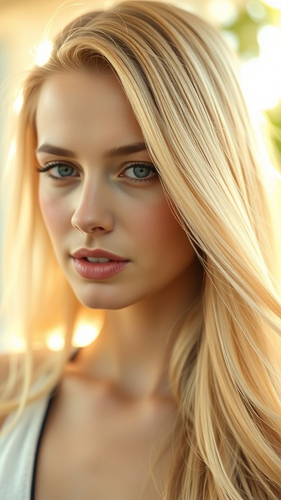 A close-up of a model with buttery blonde hair, showcasing smooth and luminous strands.