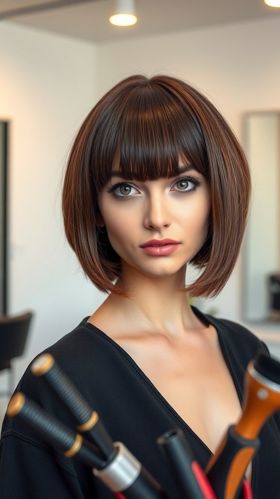 A model with a chic lob haircut and curtain bangs, showcasing a stylish look.