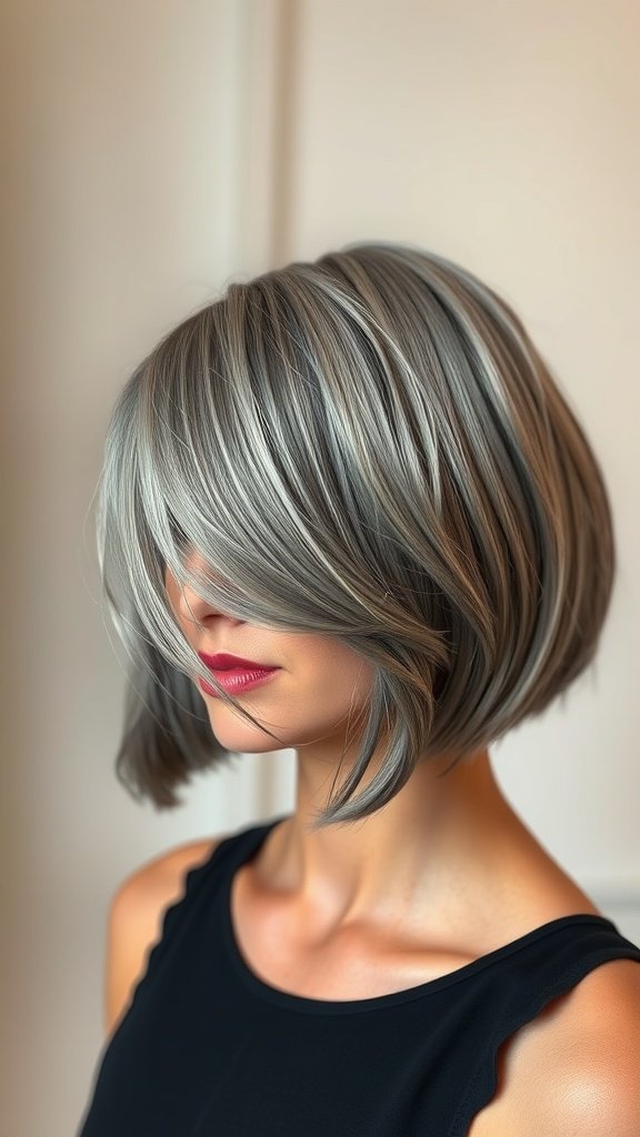 Chin-length bob hairstyle with flipped-out ends, showcasing gray tones.