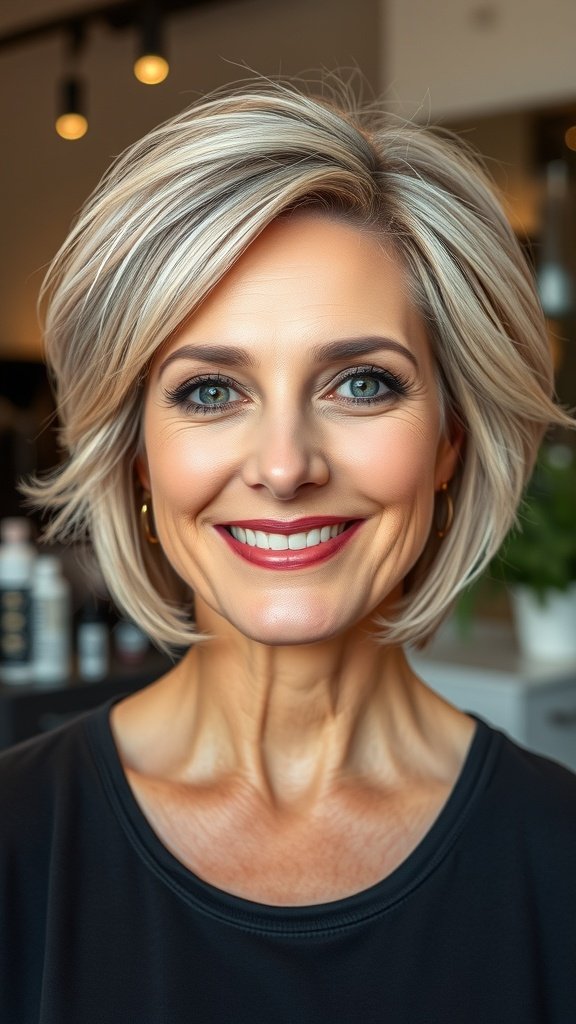 A woman with a chin-length bob haircut featuring wispy ends, smiling confidently.