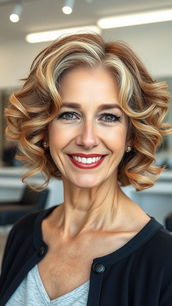 Chin-length curly bob hairstyle with a side part, showcasing soft curls and a vibrant smile.