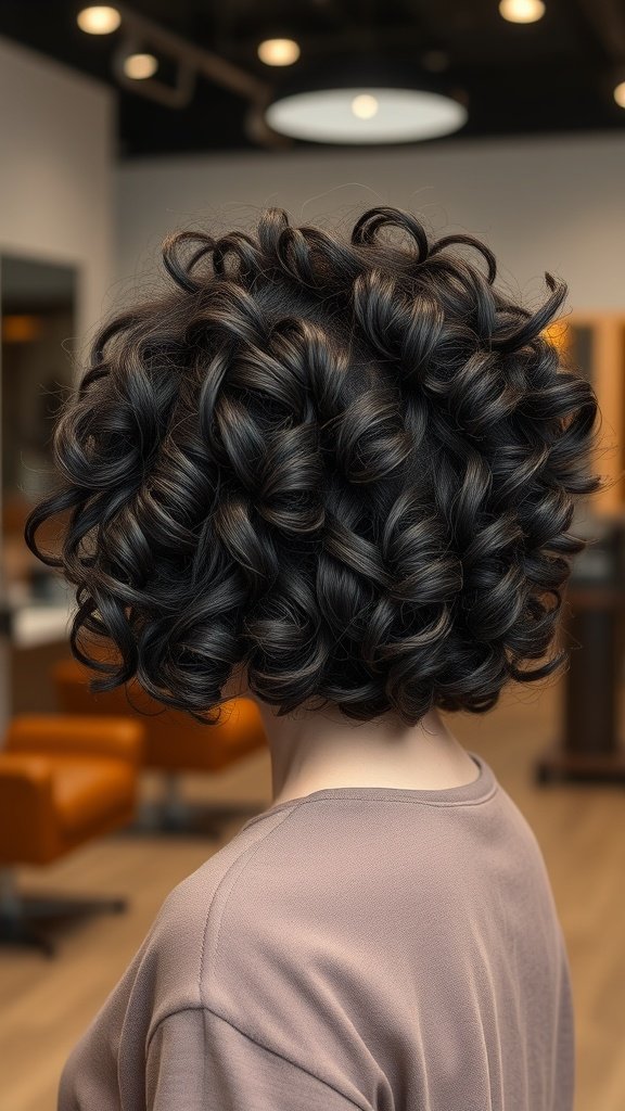 A woman with a choppy curly hairstyle, showcasing defined curls and layers.