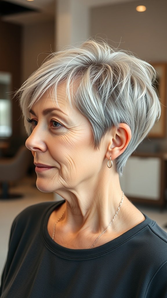 A woman with a choppy pixie haircut featuring tapered sides, showcasing a modern and stylish look.