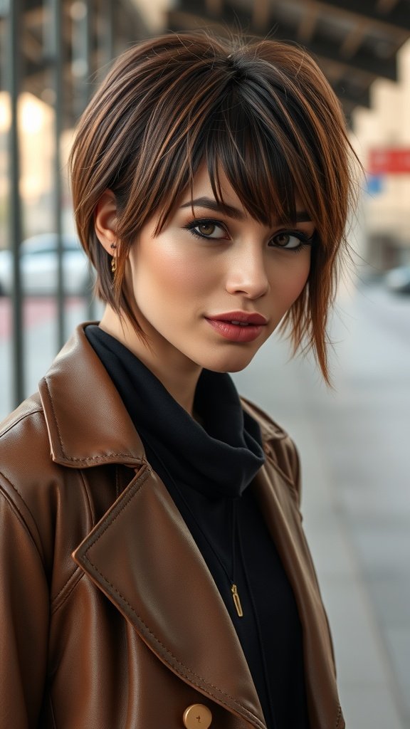 A woman with a choppy stacked bob hairstyle and swooping fringe, wearing a brown leather jacket.