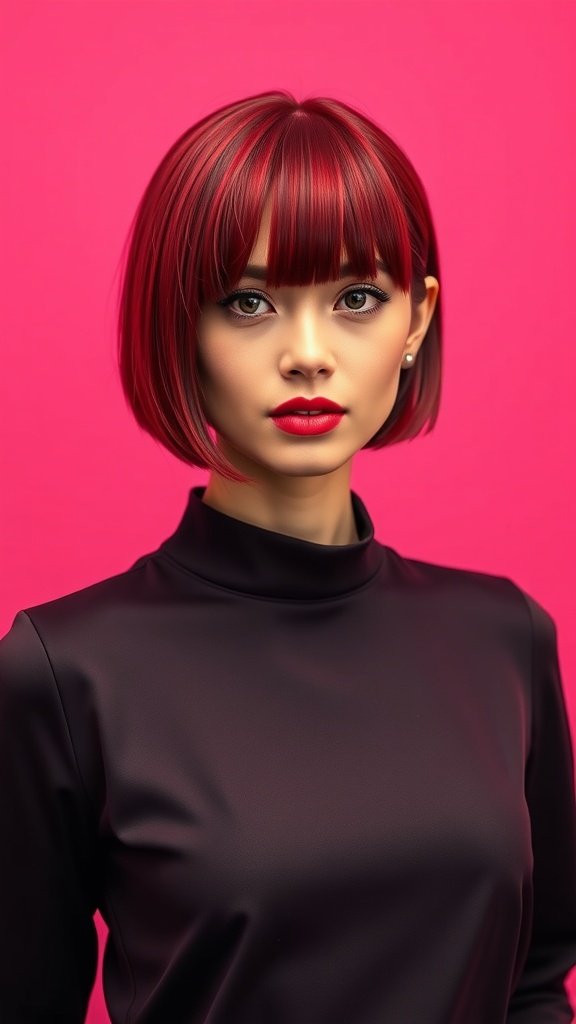 A model with a classic cherry red bob hairstyle against a pink background.