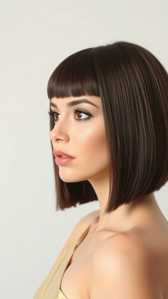 A woman with a classic straight pageboy cut, featuring blunt ends and bangs, looking elegant.