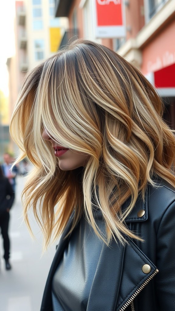 A woman with collarbone-grazing shag haircut and balayage, wearing a black leather jacket, standing outdoors.