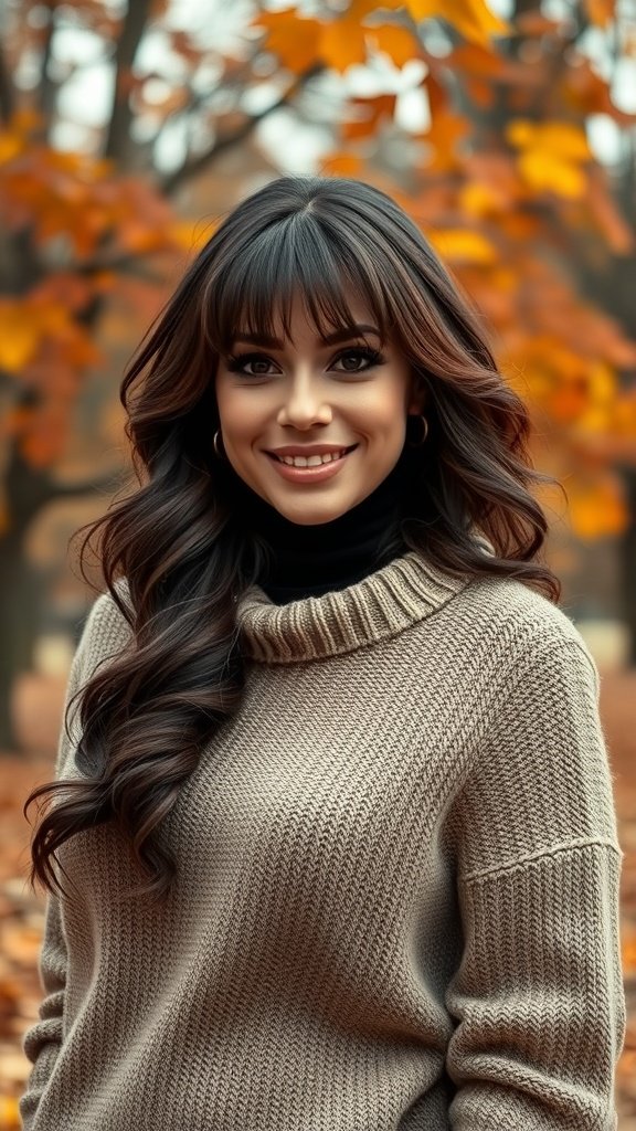 A woman with thick wavy hair and curtain bangs, smiling in a fall setting with orange leaves.