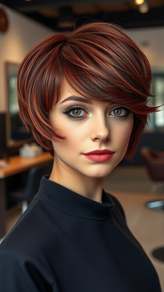 A woman with a dark auburn pixie haircut and a sweeping fringe, showcasing a stylish and modern look.