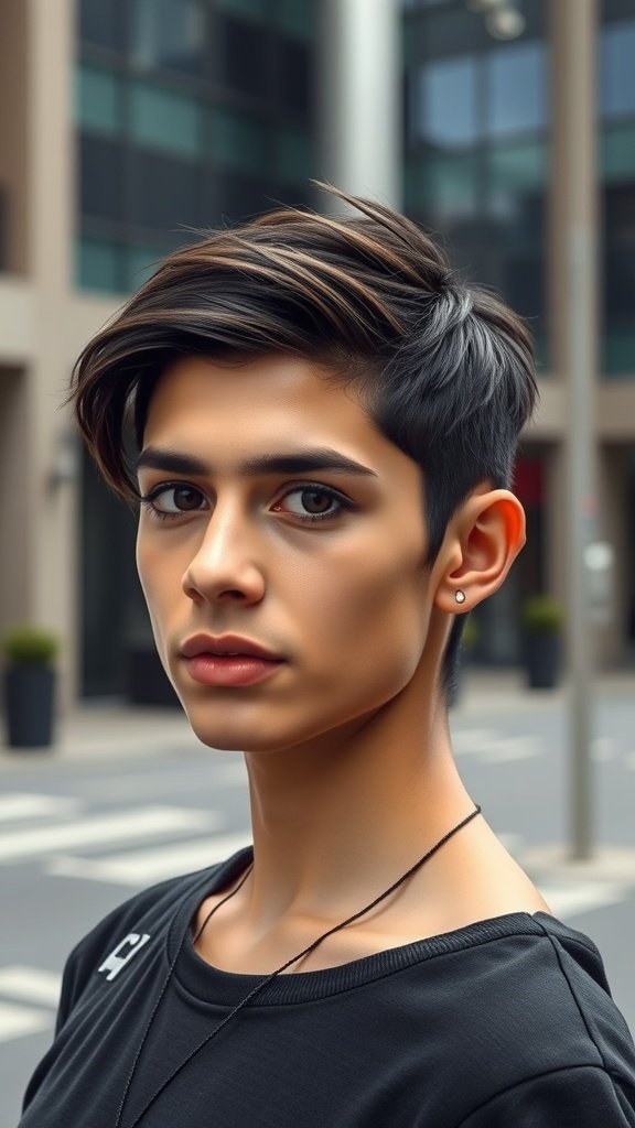 A young person with dark brown undercut hairstyle, showcasing a stylish and modern look.