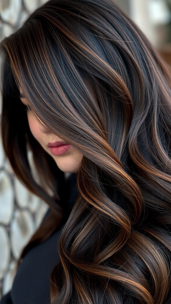 Dark brown hair with copper highlights framing the face