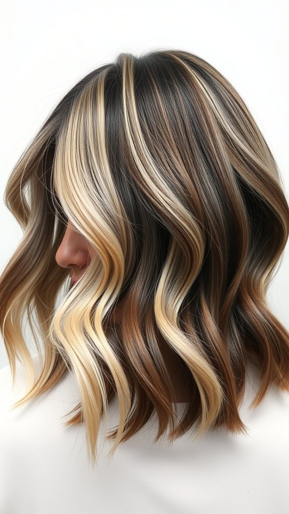 A stylish lob hairstyle featuring dark roots transitioning to ice blonde with soft waves.