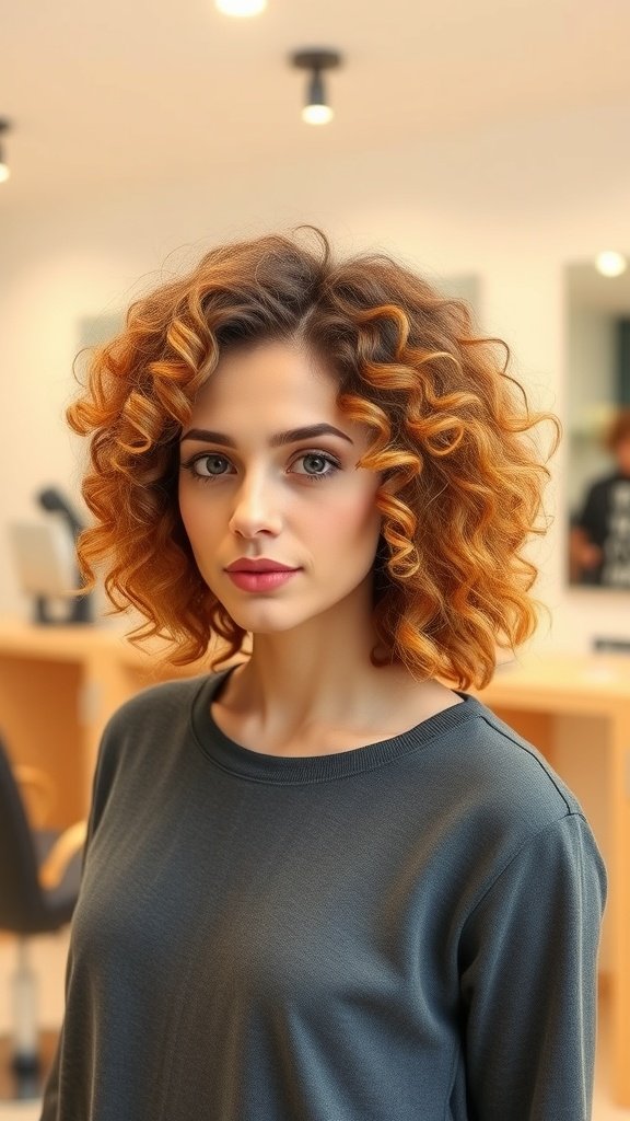 A model with a double-tiered curly bob hairstyle, showcasing defined curls and a warm hair color.