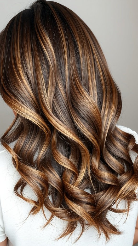 Hair styled in a beautiful espresso to milk chocolate melt color, featuring rich dark tones with warm highlights.