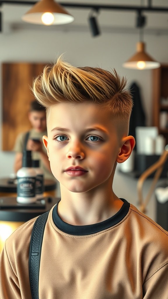 A young boy with a faux hawk hairstyle and burst fade, showcasing a trendy haircut.