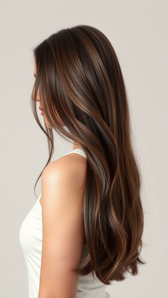 Glossy straight hair with chocolate lowlights, showcasing a smooth and shiny texture.