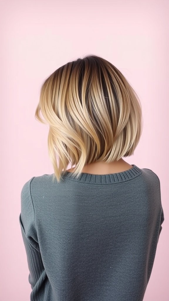 A graduated micro bob hairstyle with a slight inward curl, showcasing layers and movement.