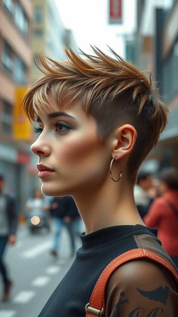 A woman with a graduated wolf cut, showcasing textured layers and a modern style.
