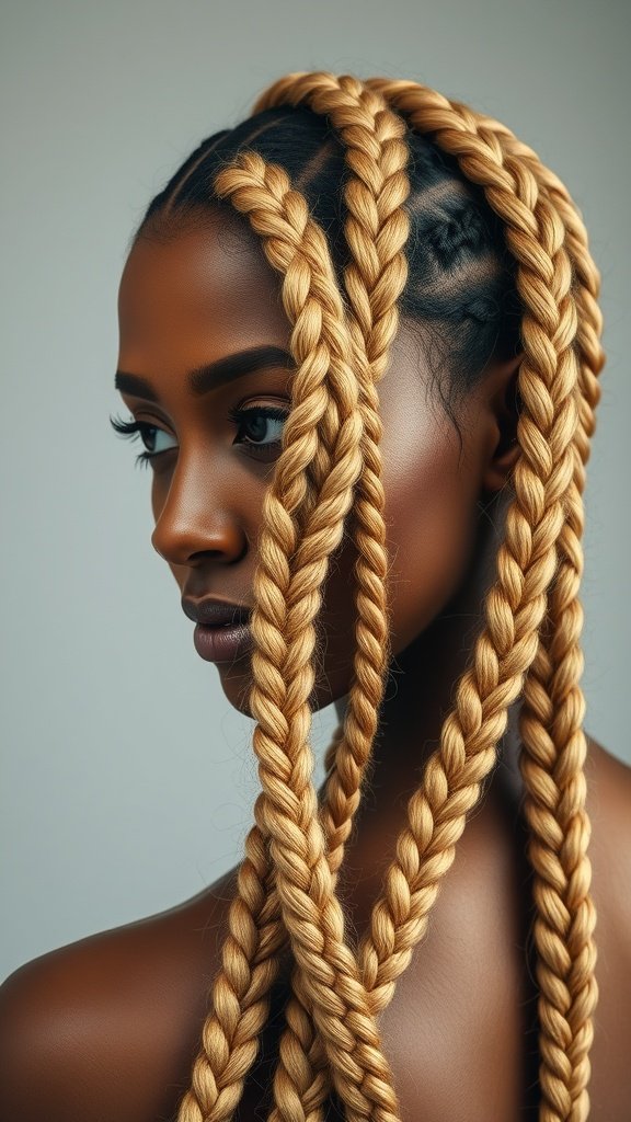 A woman with honey-blonde braids and dark roots, showcasing a trendy hairstyle.